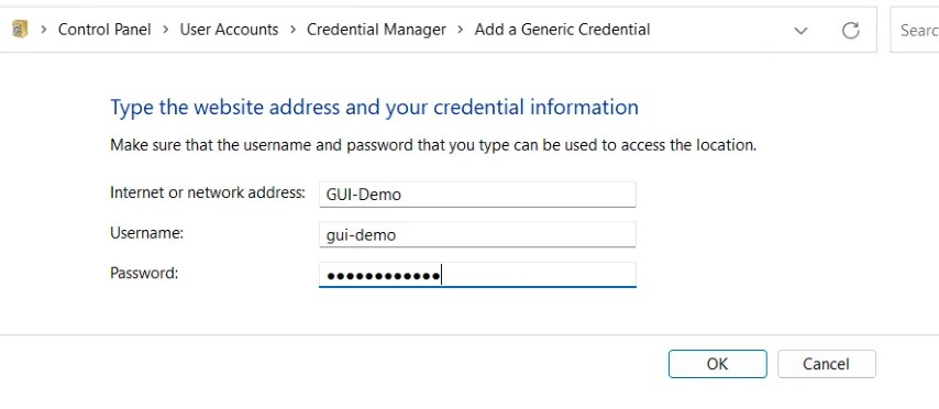 Adding a generic credential in the Credential Manager GUI Adding a generic credential