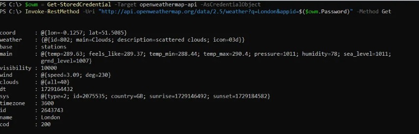Using a credential in a script to get the current weather from OpenWeatherMap Using a credential in a script