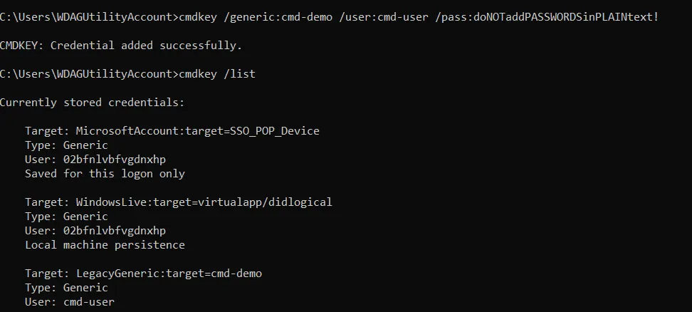 Adding a credential in Command Prompt Adding a credential in Command Prompt