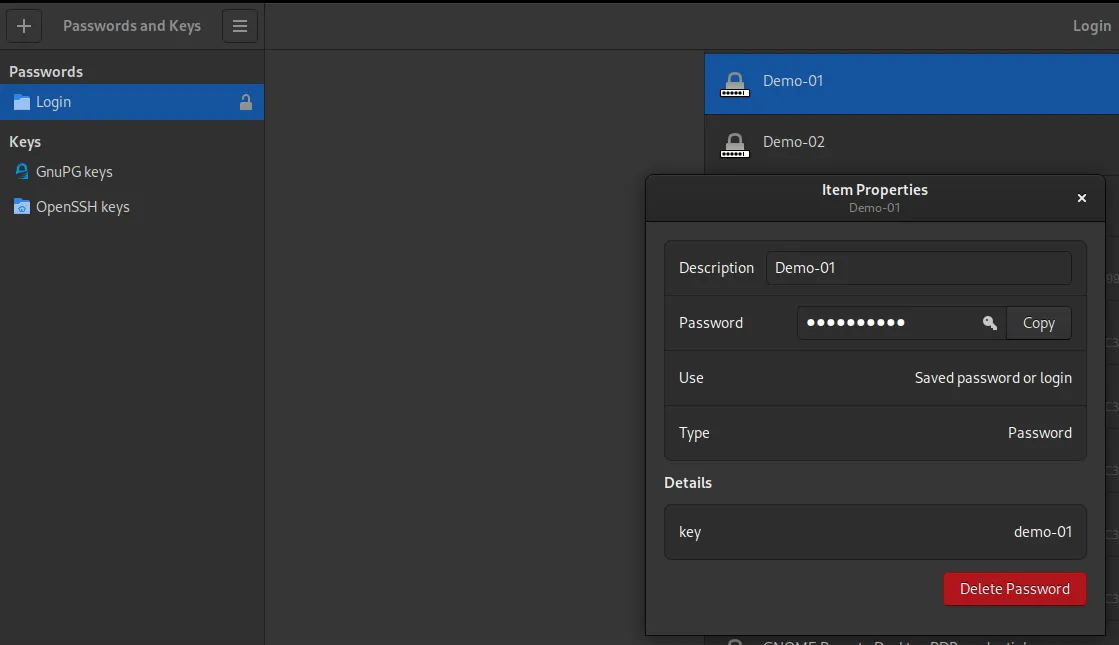 A screenshot of the GNOME Passwords & Keys / Seahorse application showing a secret stored in the keyring GNOME Passwords & Keys / a.k.a. Seahorse