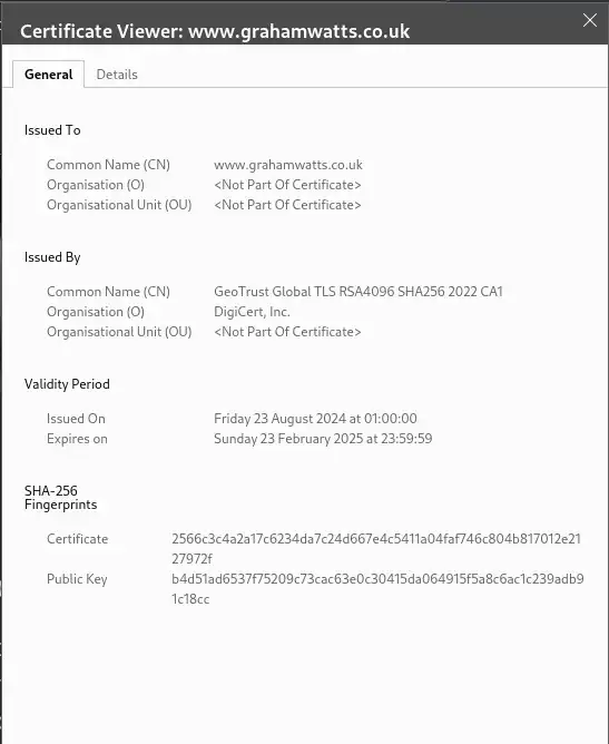 The certificate on www.grahamwatts.co.uk Certificate on this website